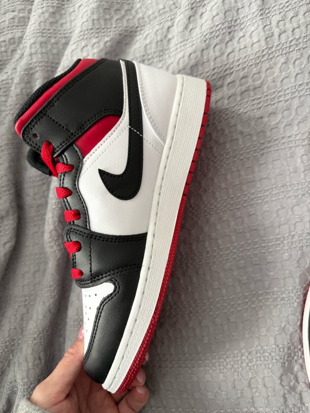 Nike Air Jordan 1 Mid White Black Red Sneakers - Picture 7 of 8